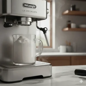 The De'Longhi espresso machine LatteCrema system frothing milk for a perfect cappuccino.