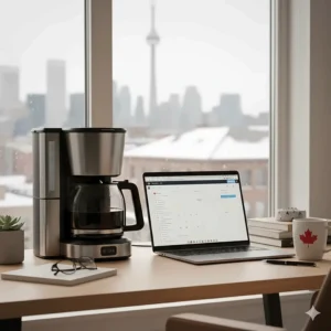 A cozy home office setup in Toronto featuring a laptop and a glass carafe from a drip coffee maker.