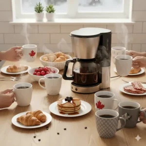 A flat-lay illustration of a drip coffee maker serving multiple mugs for a Canadian brunch gathering.