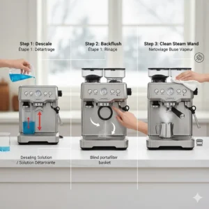 Step-by-step guide illustration for descaling and maintaining a dual boiler espresso machine in regions with hard water.