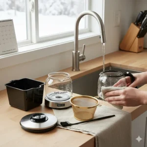 Removable parts of a 12 cup drip coffee maker being cleaned, highlighting ease of maintenance.