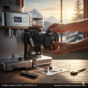 Diagram showing the easy maintenance and removal of the brewing unit for a bean to cup coffee machine.
