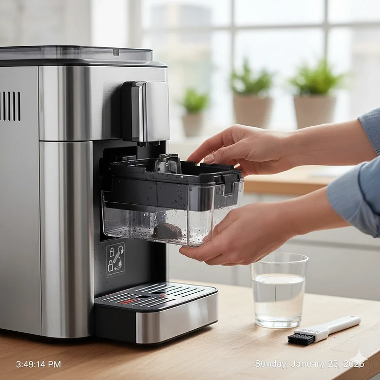 Illustration of the simple cleaning and maintenance process for a high-end bean to cup coffee machine.