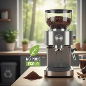 Illustration highlighting the eco-friendly benefits of a bean to cup coffee machine using whole beans instead of plastic pods.