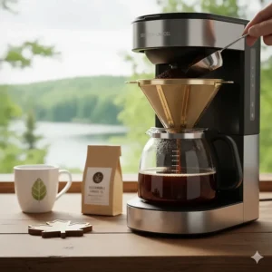 An illustration of a drip coffee maker with a reusable gold-tone filter, highlighting sustainable Canadian living.