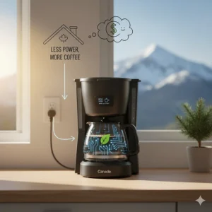 A digital graphic showing the energy-saving features of a budget drip coffee maker, ideal for eco-conscious Canadian households.