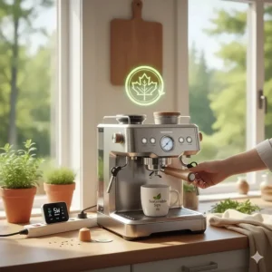 An eco-friendly illustration highlighting energy-efficient espresso machines under 1000 dollars, popular with Canadian sustainability-conscious buyers.
