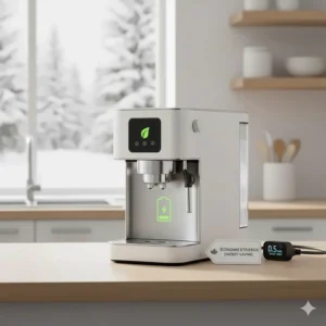 An eco-friendly compact espresso machine illustration highlighting energy savings for sustainable Canadian living.