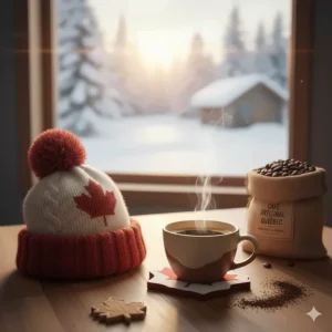 A steaming cup of espresso next to a Canadian toque on a wooden table, highlighting the warmth of semi-automatic vs super-automatic espresso during winter.