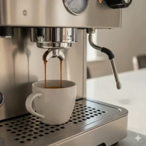 Rich, syrupy espresso flowing from a double-spout semi-automatic machine into a ceramic mug.
