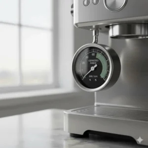 Close-up of a pressure gauge on an espresso machine indicating the optimal 9-bar extraction range.