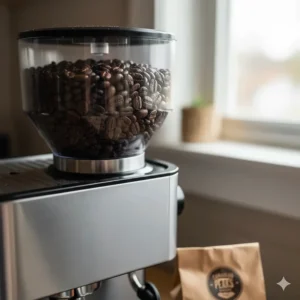 Top view of an espresso machine with grinder filled with dark roast beans from a local Canadian coffee roastery.