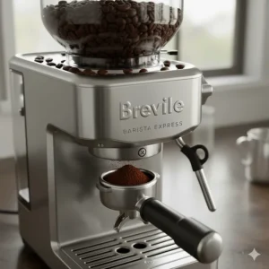 Close-up illustration of the integrated conical burr grinder on a Breville Barista Express with fresh coffee beans.