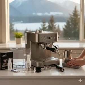 Easy-to-clean espresso machine with grinder components laid out on a kitchen counter for routine maintenance.
