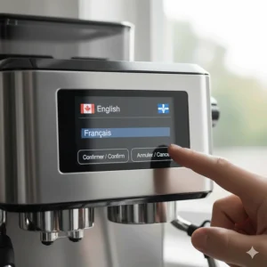 Close-up of a digital espresso machine with grinder interface showing English and French language settings for Canadian users.