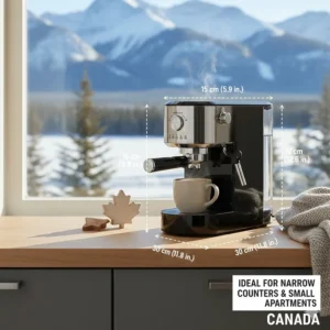 A technical diagram showing the slim width of a compact espresso machine, ideal for narrow Canadian apartment counters.