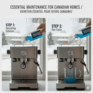 An instructional graphic showing how to descale an espresso machine, essential for high-mineral water areas in Canada.