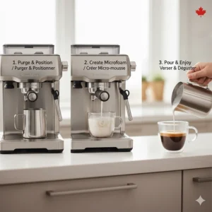 Illustration of a manual milk frother on an affordable espresso machine, perfect for Canadian latte lovers at home.