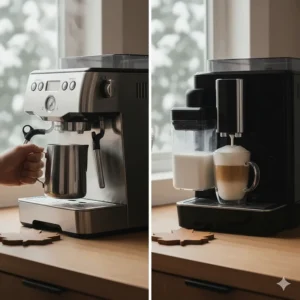 A comparison of manual milk steaming on a semi-automatic vs an automatic milk carafe on a super-automatic machine.
