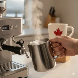 A barista-style espresso machine with grinder being used to froth milk for a classic Canadian flat white.