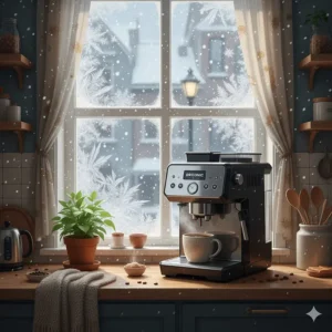 Illustration of a cozy Montreal kitchen featuring a super automatic espresso machine and a steaming mug of coffee.