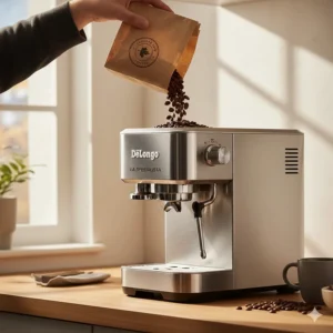 Freshly roasted Canadian fair-trade coffee beans being poured into a De'Longhi espresso machine grinder.