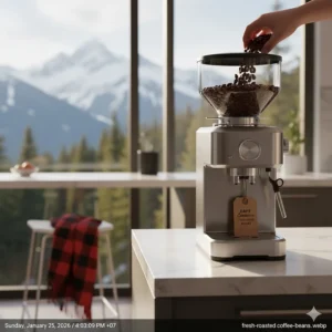 Freshly roasted Canadian coffee beans being poured into the top hopper of an automatic bean to cup machine.
