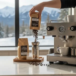 Dark roasted coffee beans being poured into a grinder next to a semi-automatic espresso machine.