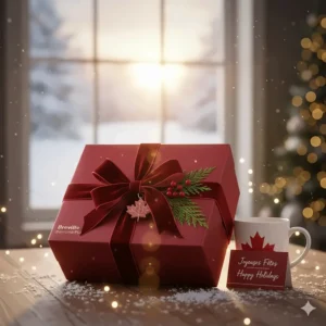 A boxed espresso machine under $500 with a Canadian holiday bow, ideal for Christmas or wedding gift guides.