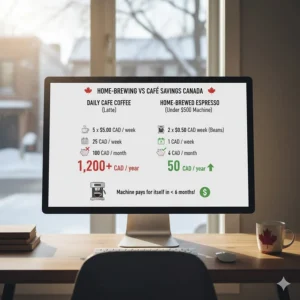 Infographic showing how an espresso machine under $500 pays for itself compared to daily visits to Canadian coffee chains.