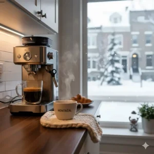 Steaming cup of coffee next to an espresso machine with grinder during a cozy, snowy morning in Montreal.