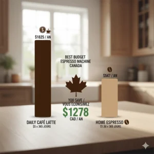 Infographic showing yearly savings in Canadian dollars when using the best budget espresso machine Canada instead of daily cafe visits.