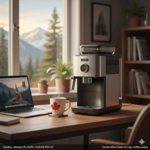 Sleek bean to cup coffee machine on a home office desk, ideal for remote workers in Toronto or Vancouver.