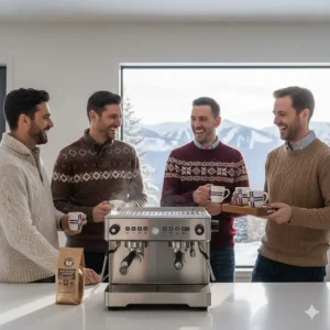 Using a high-capacity commercial espresso machine to serve guests at a home gathering in Canada.