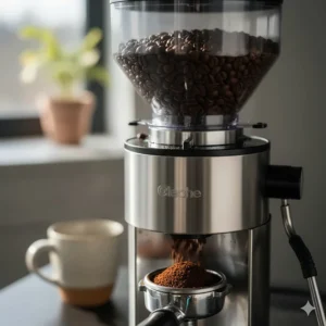 Close-up of a stainless steel espresso machine with grinder showing fresh beans being crushed for a morning latte.