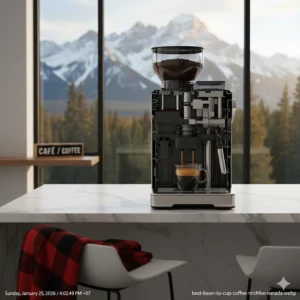 Illustration showing the internal burr grinder and brewing mechanism of a bean to cup coffee machine.