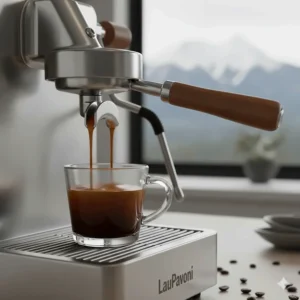 Close-up of rich espresso extraction from a bottomless portafilter on a manual espresso machine.