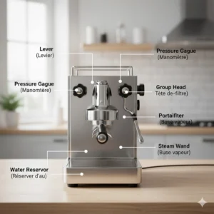 Detailed diagram showing the lever, portafilter, and pressure gauge of a manual espresso machine.