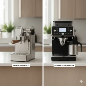 Side-by-side comparison of a tactile manual espresso machine and a standard automatic brewer.