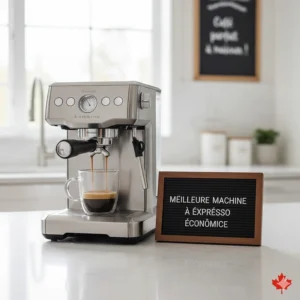 Illustration showcasing the best budget espresso machine Canada, featuring French text for the Quebec market (machine à expresso).