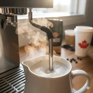 Close-up of a steam wand frothing milk for a latte, demonstrating capabilities of an affordable espresso machine under $500.
