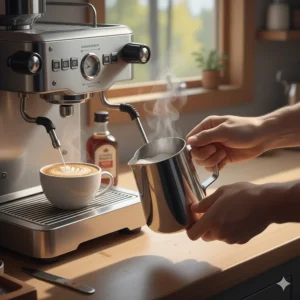 A close-up illustration of a steam wand on a mid-range espresso machine frothing milk for a Canadian maple latte.