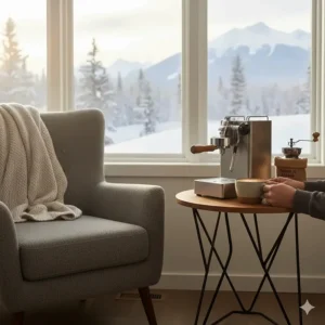 Enjoying a handcrafted latte made with a manual espresso machine in a cozy, sunlit Canadian breakfast nook.