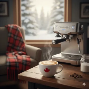A cozy winter morning scene in Canada featuring a freshly brewed cappuccino from a Breville Barista Express.