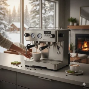 Cozy illustration of a dual boiler espresso machine brewing coffee with a snowy Canadian landscape visible through the window.