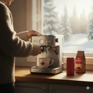 A Canadian homeowner brewing a fresh double shot of espresso on a budget-friendly espresso machine under $500 during a winter morning.