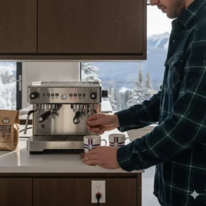 A homeowner enjoying a morning routine with a commercial espresso machine in a cozy Canadian setting.