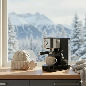 A warm latte made from a compact espresso machine next to a wool toque and a Canadian maple leaf motif.