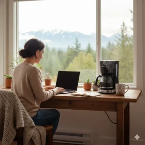 A person working at a desk in a Vancouver home office with a fresh pot from a budget drip coffee maker nearby.