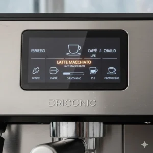 Close-up of a digital touchscreen on an espresso maker brewing a latte macchiato with one touch.